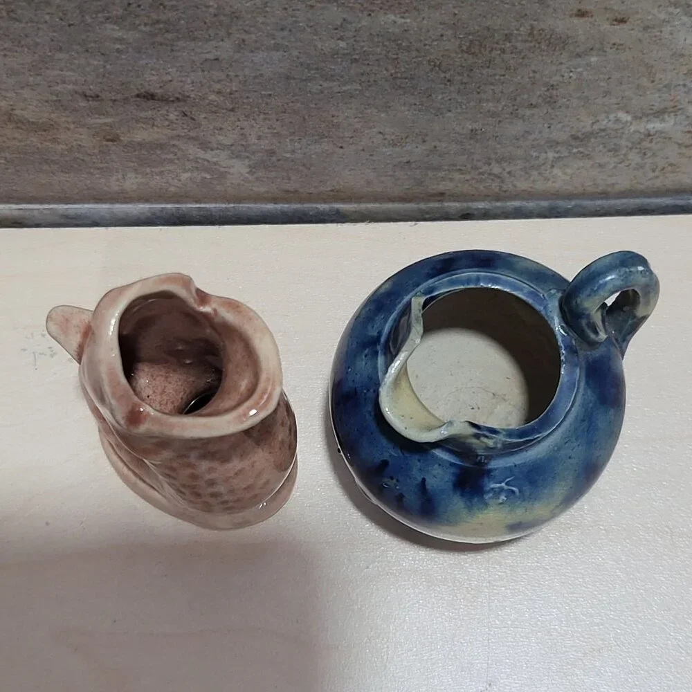 Vintage Miniature Fish Shaped Blue Round Ceramic Pitcher Jugs Set of 2